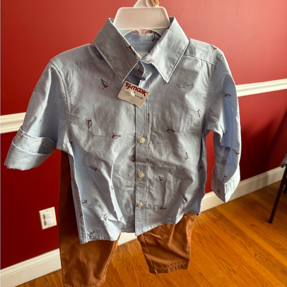 Carters paper plane button down shirt matching orange pants nwt size 2